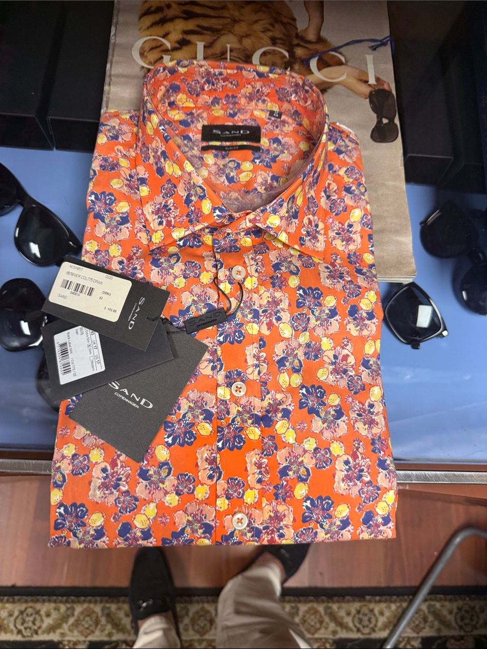 SAND Bright Orange Floral Button-Down Shirt with Blue & Yellow Accents